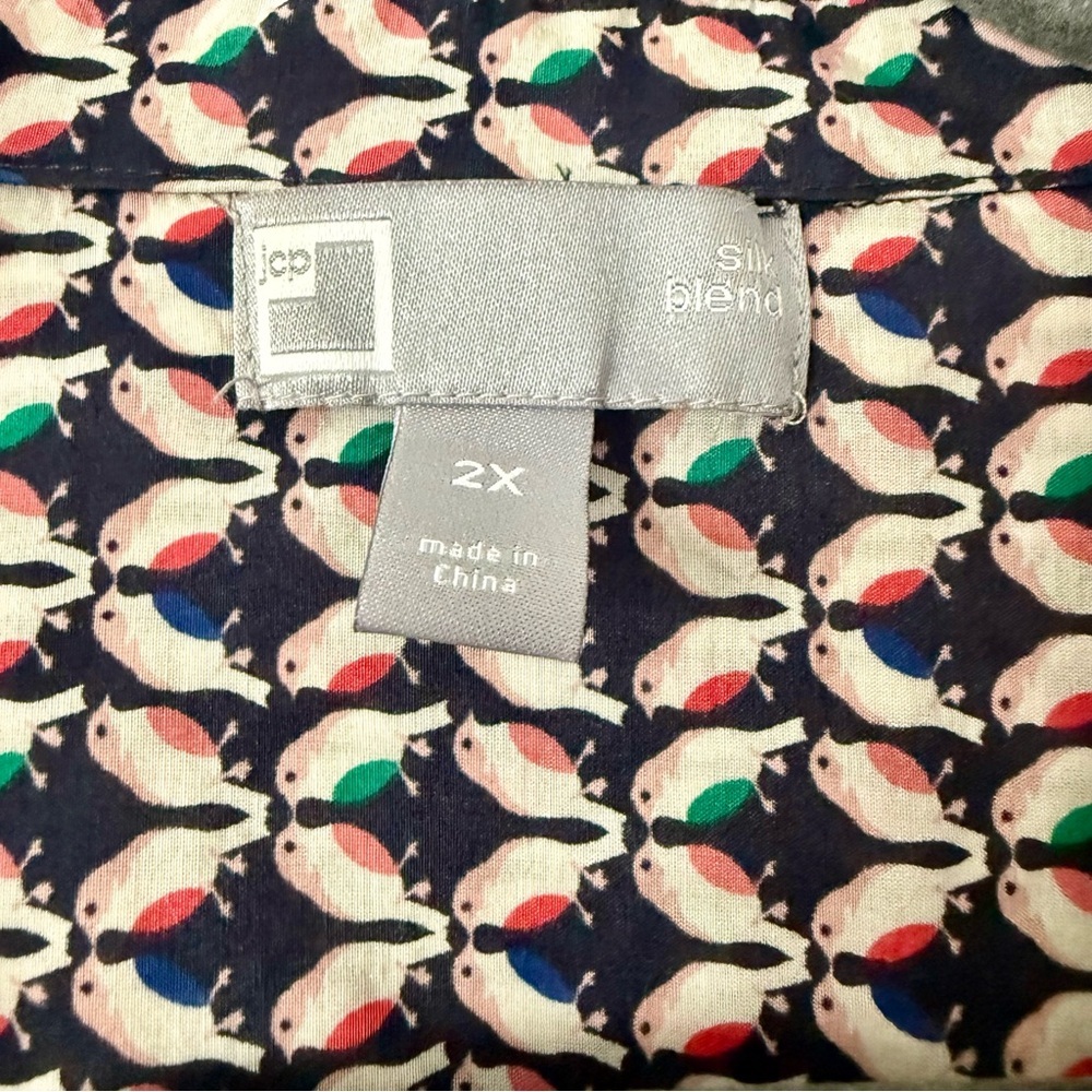 EUC JCPenney Geometric Bird Motif Novelty Pattern Button Down Shirt Silk Blend - Picture 3 of 4